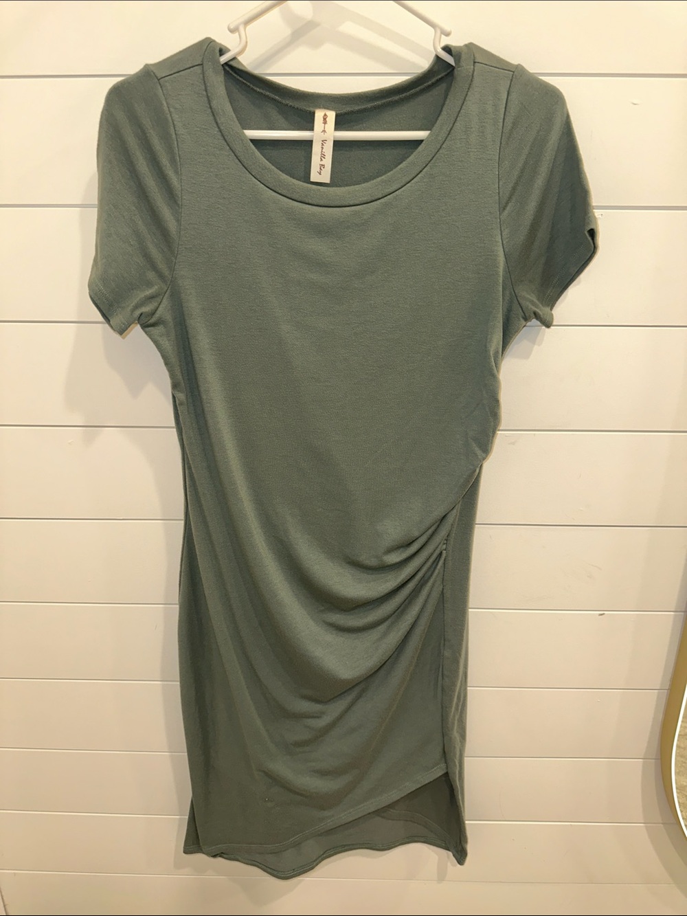 Vanilla Bay Short-Sleeve Ruched Tee Dress in Slate Green